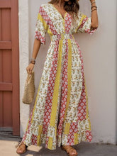 Perfee Ruffled Hem Printed V-Neck Jumpsuit Multicolor OutfitFlow
